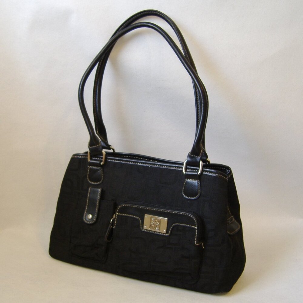 Black Fabric Handbag Purse Tote Double Handles Pockets Floral Pattern Lined